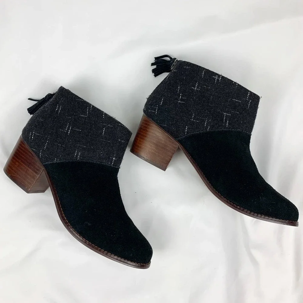 Toms Black Suede and Charcoal Tweed Ankle Booties